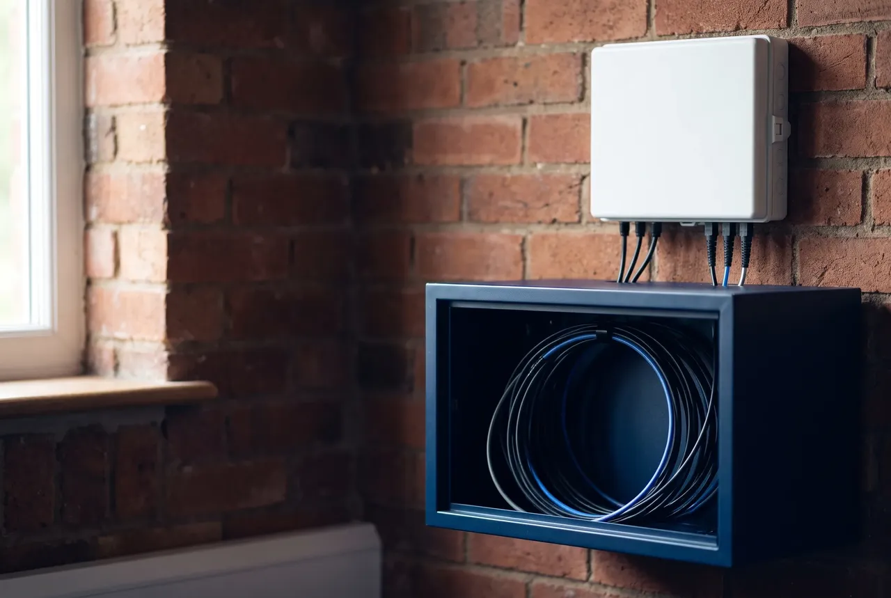 Fibre optic termination box and network cabinet installed in a UK business premises, illustrating what a leased line installation involves
