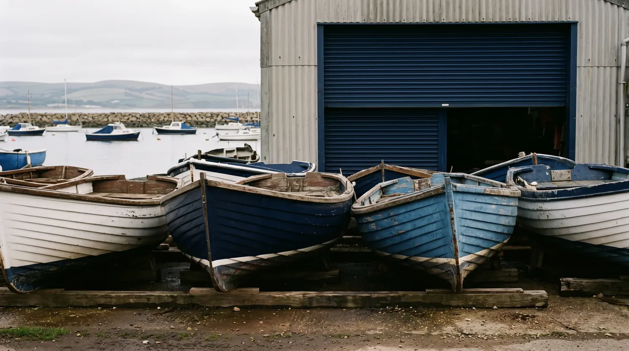 Small clinker-built fishing boats up on timber cradles at a working boatyard, with a boat shed and a sheltered harbour beyond