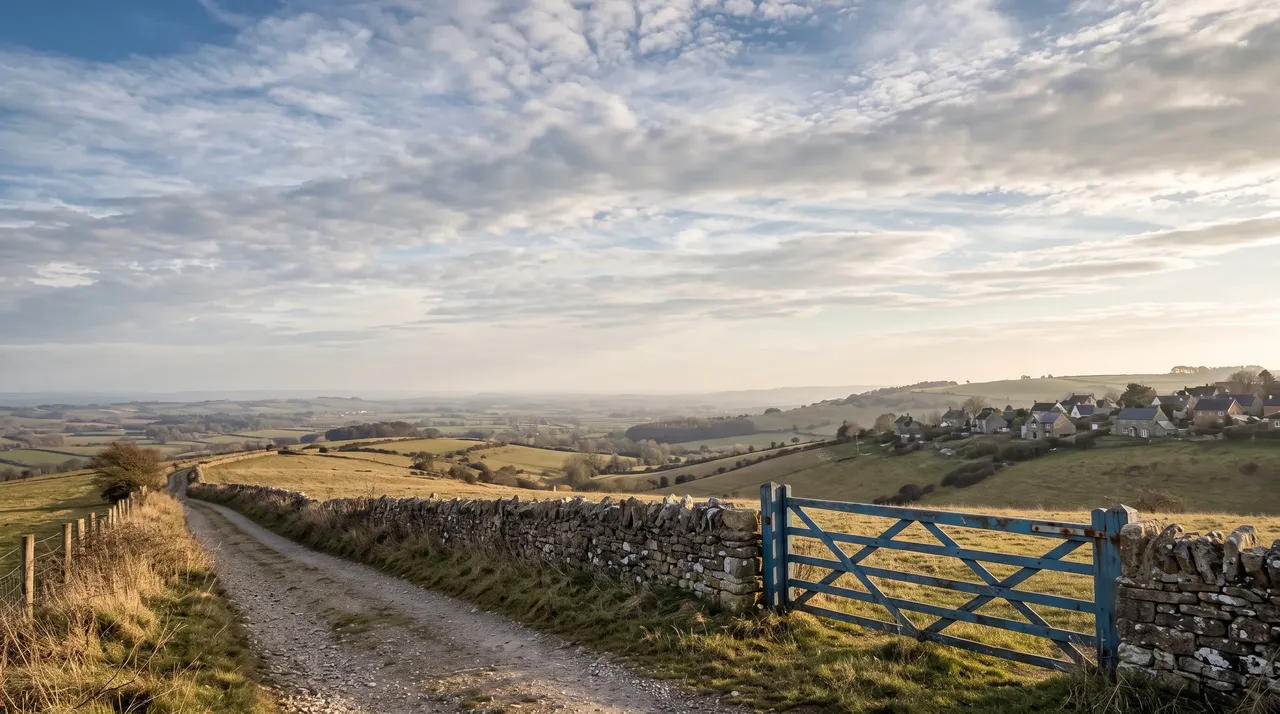 A quiet farm lane on the edge of a North Dorset hilltop town, with a stone field wall and rolling countryside under a big sky.