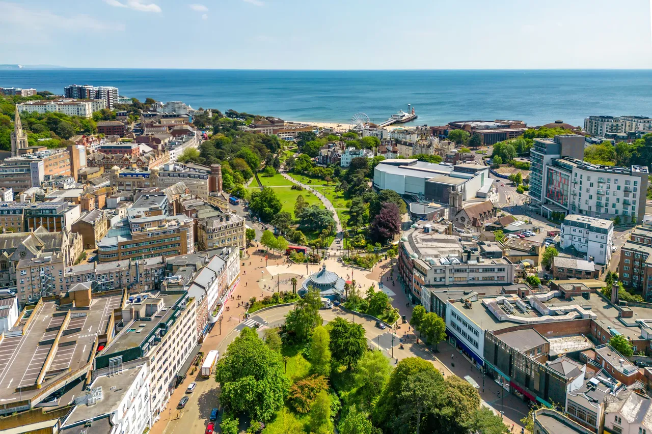 Aerial view of Bournemouth town centre, the Lower Gardens and the pier, Dorset
