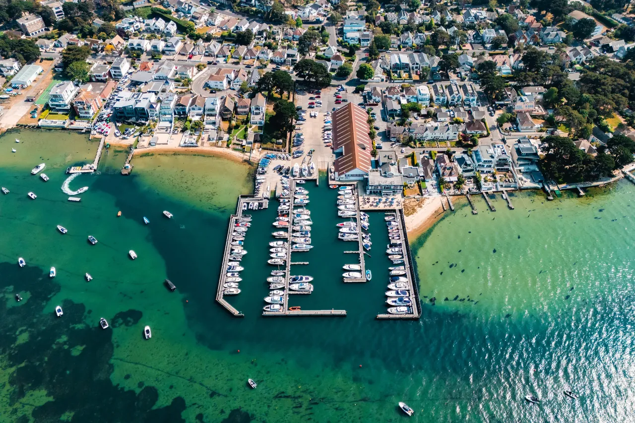 Aerial view of Sandbanks marina and Poole Harbour, Dorset