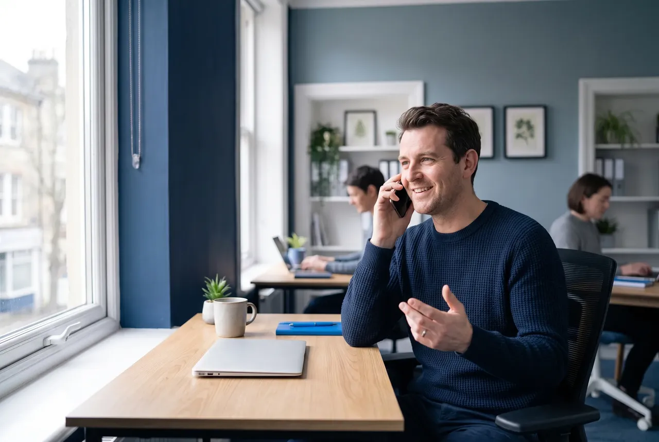 An approachable UK-based HGC IT engineer helping a small-business client by phone from a small Dorset office, the opposite of an offshore call centre