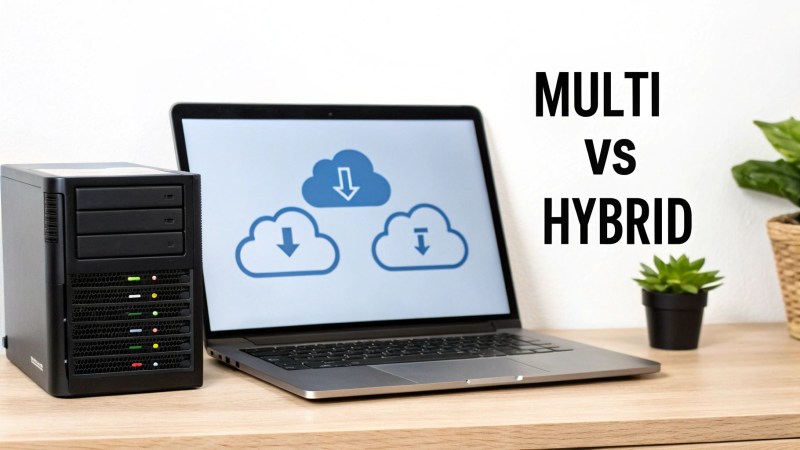 A server tower and a laptop displaying cloud icons on screen, illustrating multi vs hybrid cloud concepts.