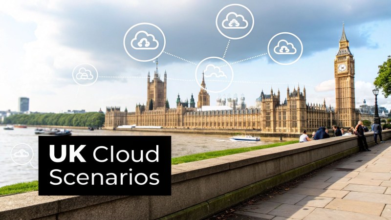 London cityscape featuring Houses of Parliament, Big Ben, and cloud computing icons for UK cloud scenarios.