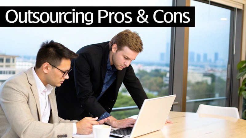 Two businessmen reviewing 'Outsourcing Pros & Cons' on a laptop in a modern office.