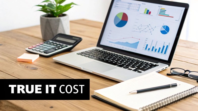 A laptop displaying financial charts and graphs with a calculator, notebook, and 'TRUE IT COST' text.