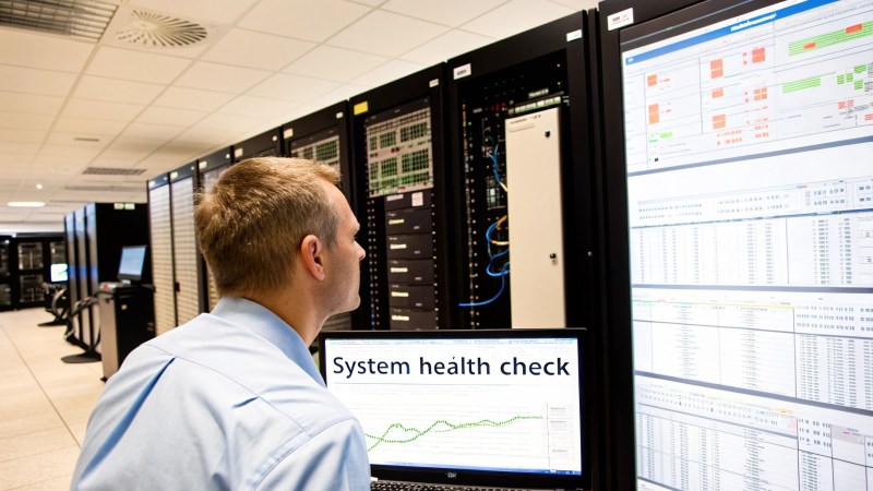A technician performs a system health check in a data center, monitoring server performance on screens.