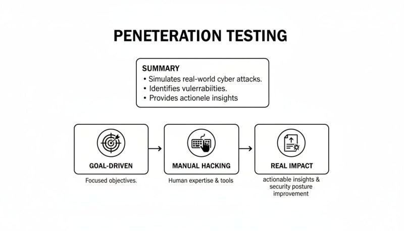 Diagram illustrating the penetration testing process, including its summary, stages, and benefits.