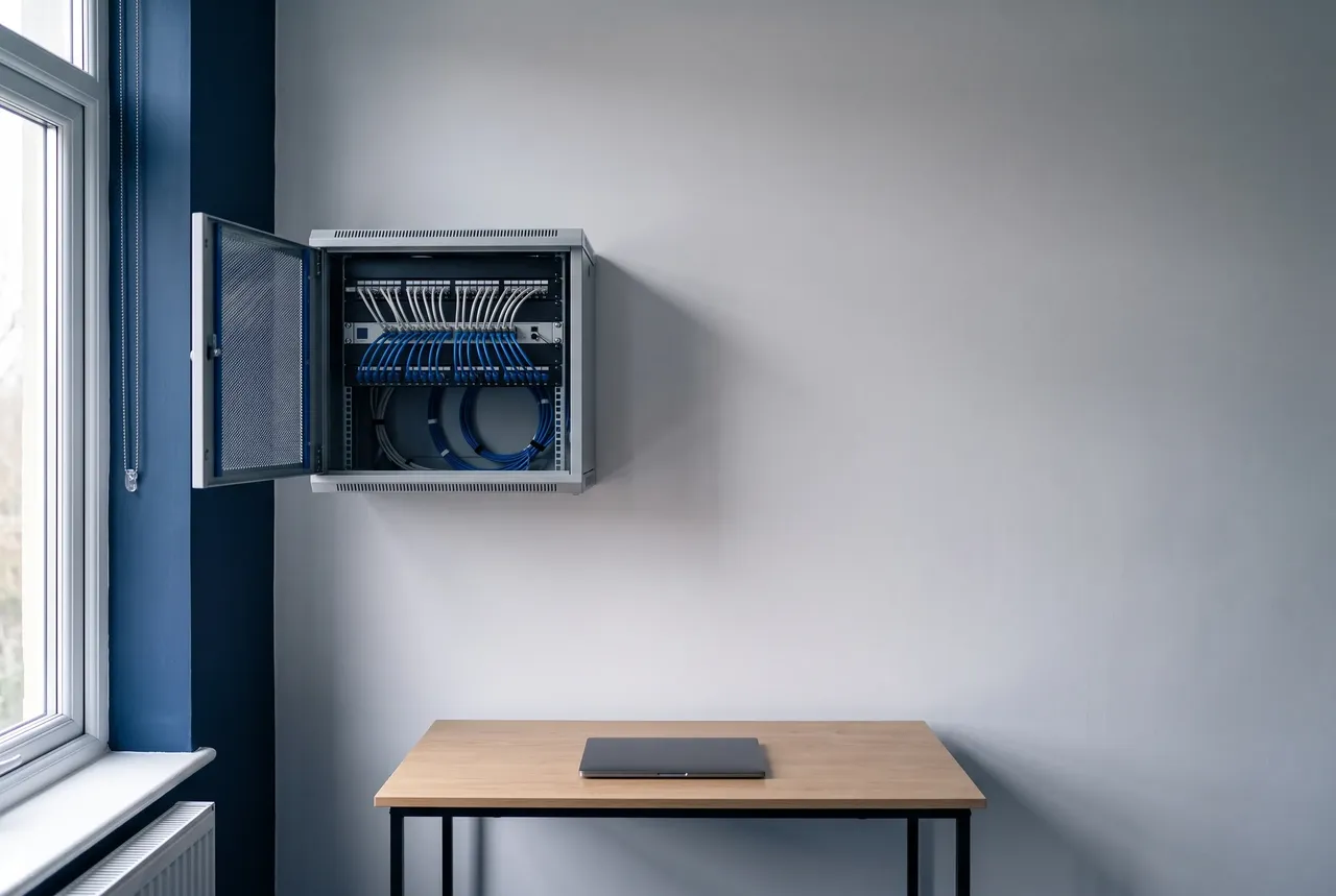A tidy wall-mounted network cabinet with neatly dressed patch cabling above a desk in a quiet office