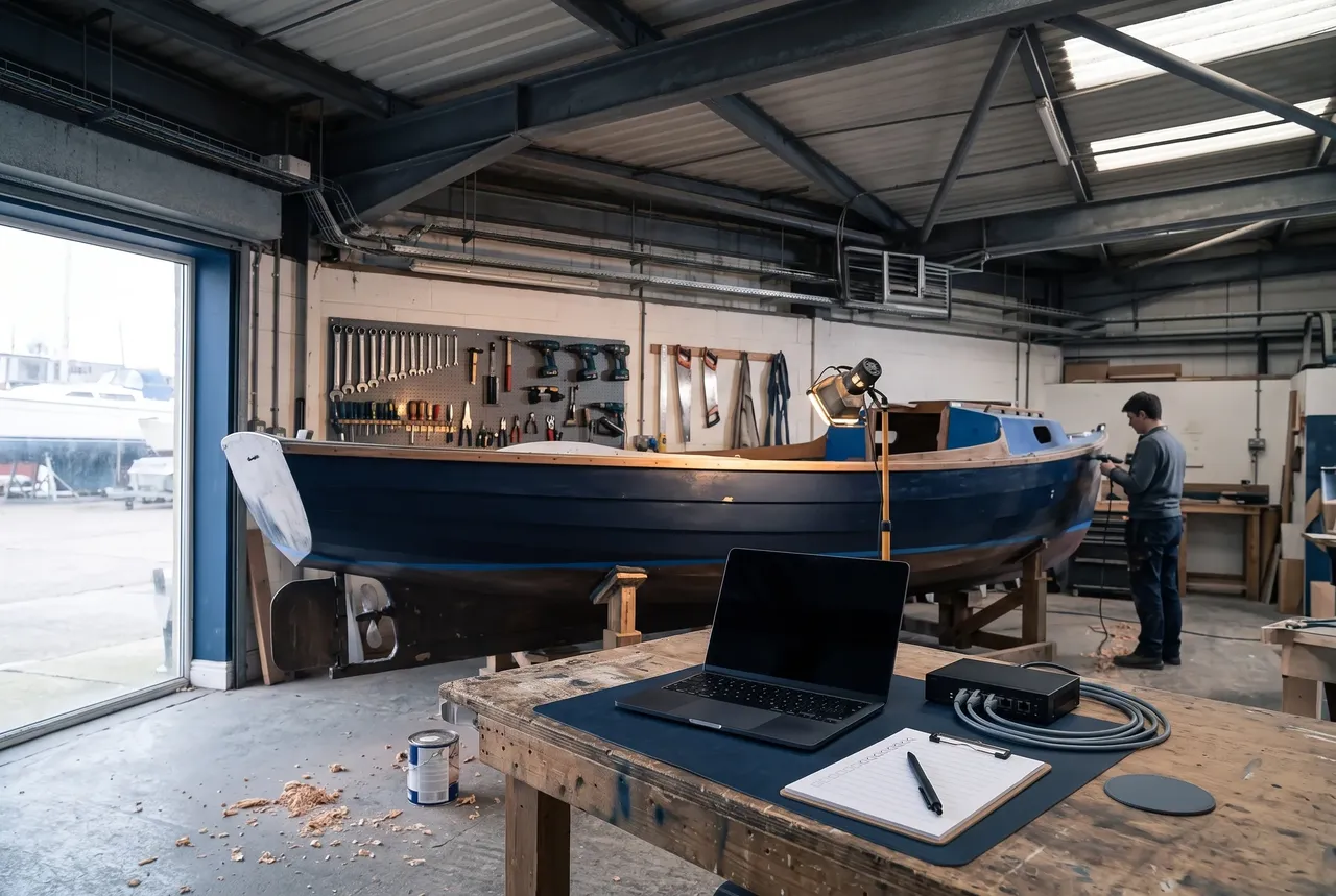 A boatyard workshop workbench with a laptop, network switch and audit checklist beside a boat hull under repair