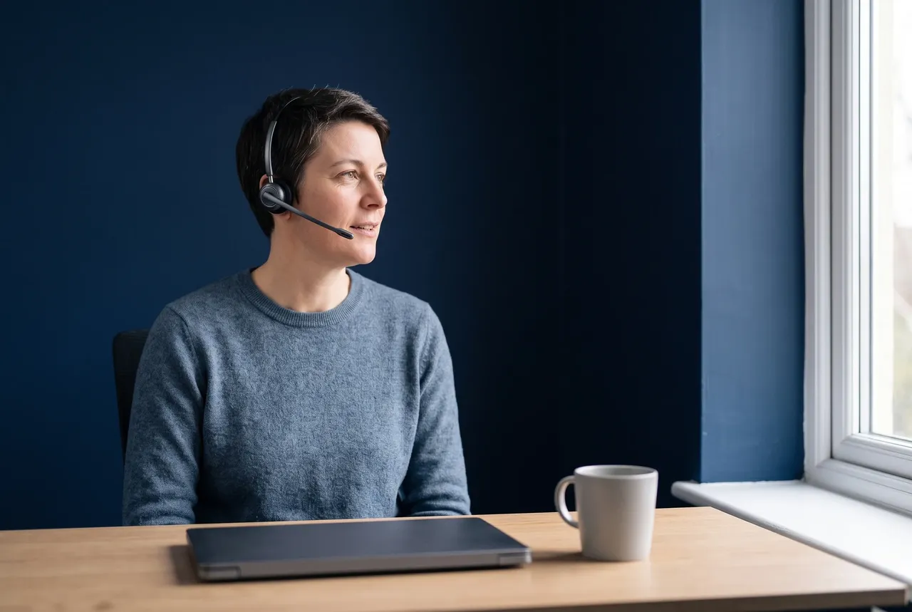 A UK IT support engineer wearing a headset at a desk by a window, mid-conversation with a caller