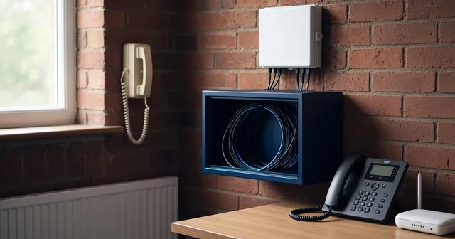 Old cream wall telephone next to a modern VoIP desk phone and broadband router in a small office