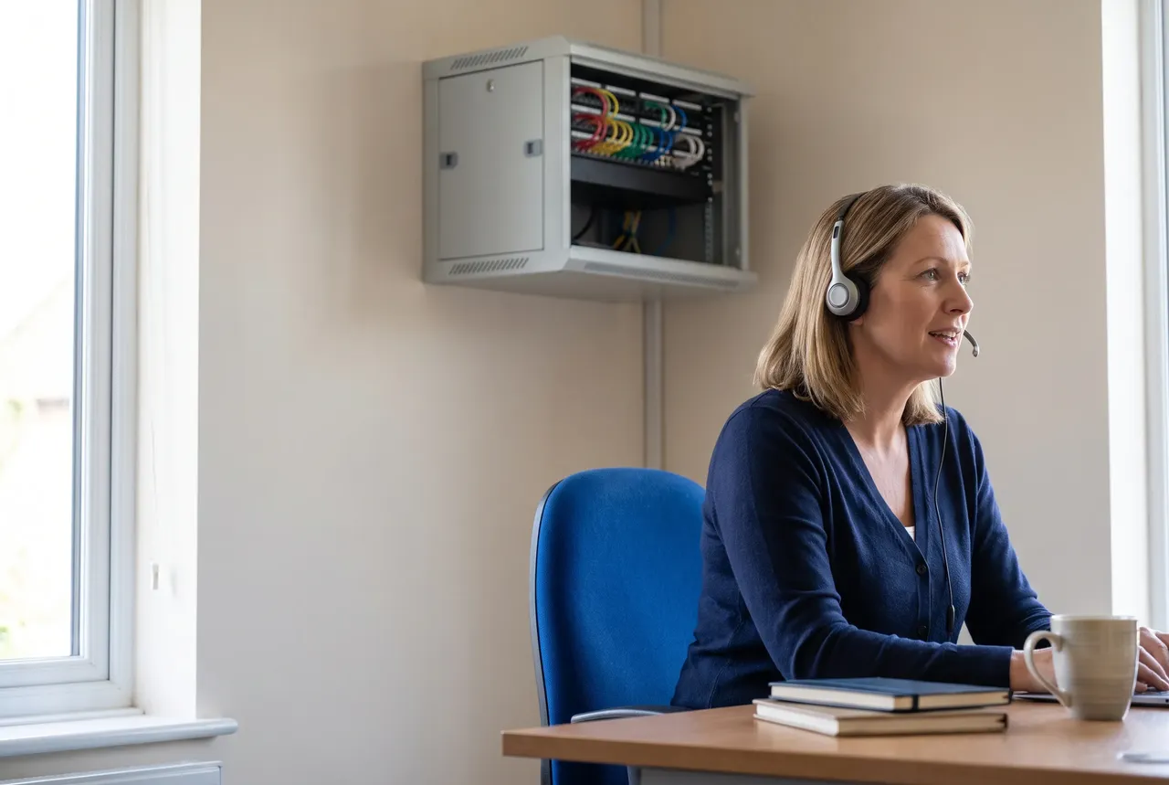 Office manager of a small UK business on a headset call with a remote IT support engineer