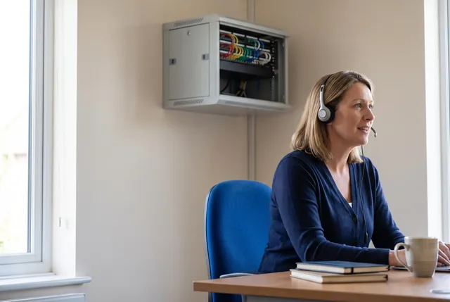 Office manager of a small UK business on a headset call with a remote IT support engineer