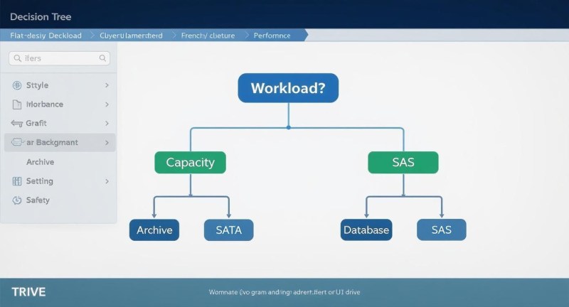 Decision tree flowchart showing workload-based storage selection between capacity archive SATA and SAS database drives