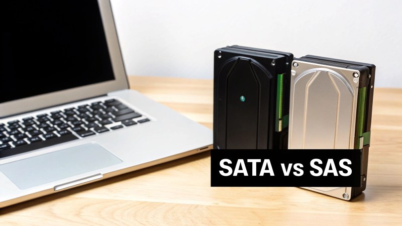 Two hard drives labeled SATA versus SAS displayed side by side near laptop computer