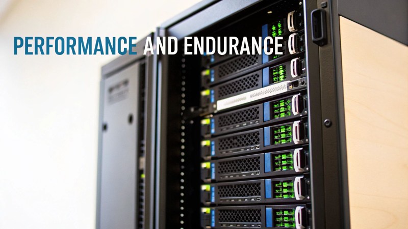 Server rack with multiple hard drives showing performance indicators and green LED lights