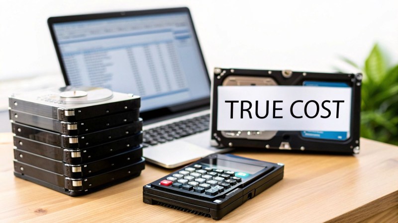 Stack of hard drives with calculator and TRUE COST sign on desk for storage analysis