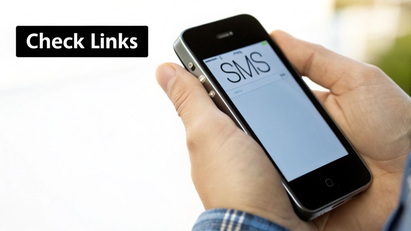 A hand holds a smartphone displaying an SMS message, overlaid with the text 'Check Links'.