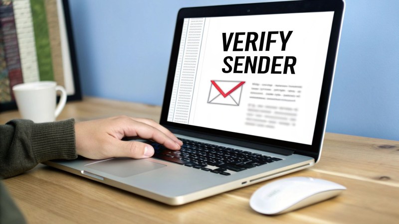 A person types on a laptop screen displaying "VERIFY SENDER" and an email icon, emphasizing security.
