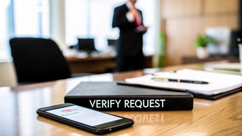 Office desk with a 'VERIFY REQUEST' binder, smartphone, and documents, a businessman in the background.