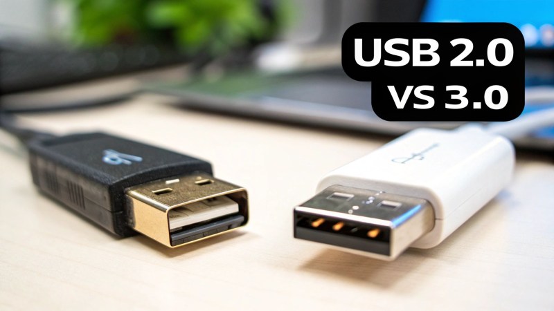 Close-up comparison of black USB 2.0 and white USB 3.0 type-A connectors on a desk.