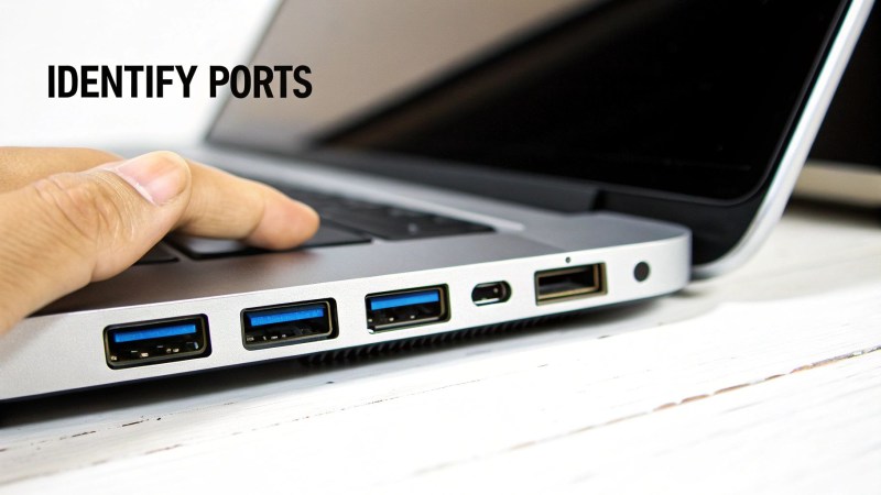 Hand pointing near a laptop's side, showing multiple blue USB 3.0, USB-C, and standard USB 2.0 ports.