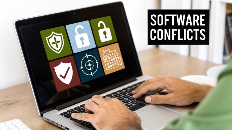 Hands typing on a laptop displaying security icons and a 'SOFTWARE CONFLICTS' warning.