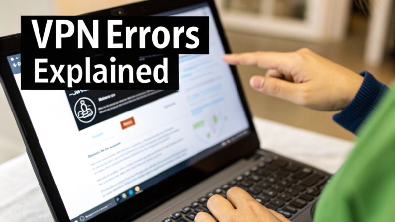 A person's hands on a laptop displaying 'VPN Errors Explained' on the screen, pointing at content.