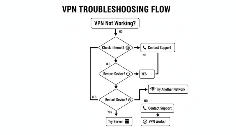 A flowchart detailing steps to troubleshoot a VPN not working, including checking internet and restarting devices.