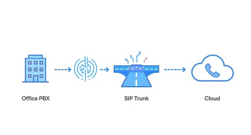 Diagram showing Office PBX connecting through SIP Trunk infrastructure to Cloud telephony system