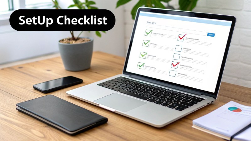 Laptop displaying digital setup checklist with checkboxes on wooden desk workspace with plant