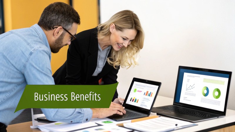 Two smiling business professionals collaborate on laptops showing data analysis and charts, discussing business benefits.
