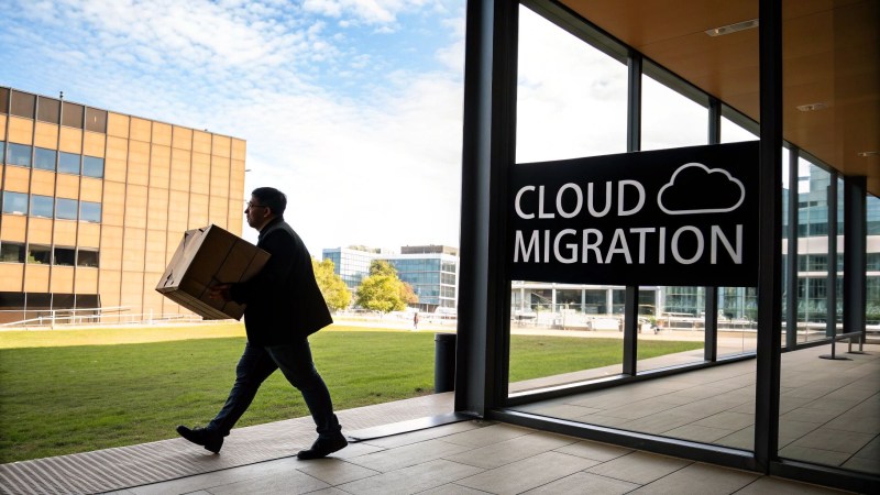 Man carrying a cardboard box walks past a prominent 'CLOUD MIGRATION' sign.
