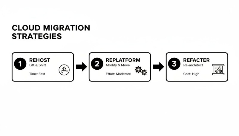 Diagram showing three cloud migration strategies: Rehost (Lift & Shift), Replatform (Modify & Move), and Refactor (Re-architect).