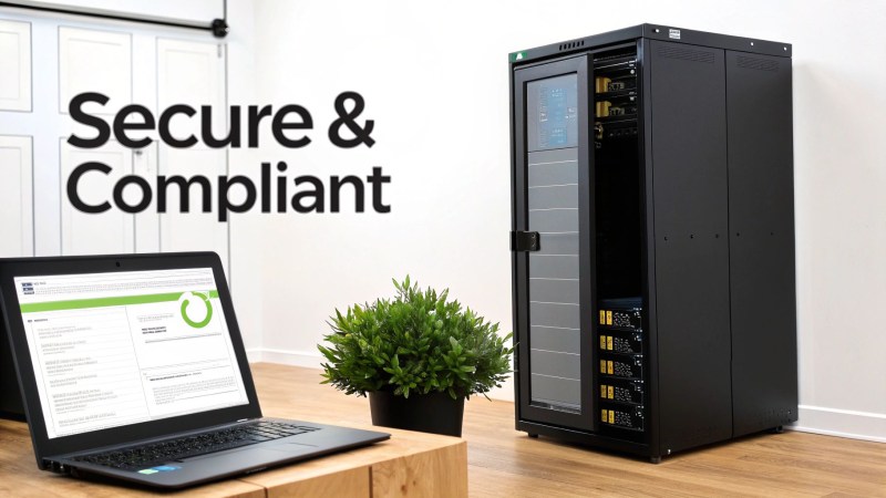 A server rack in a modern office setup with a laptop, highlighting secure and compliant data management.