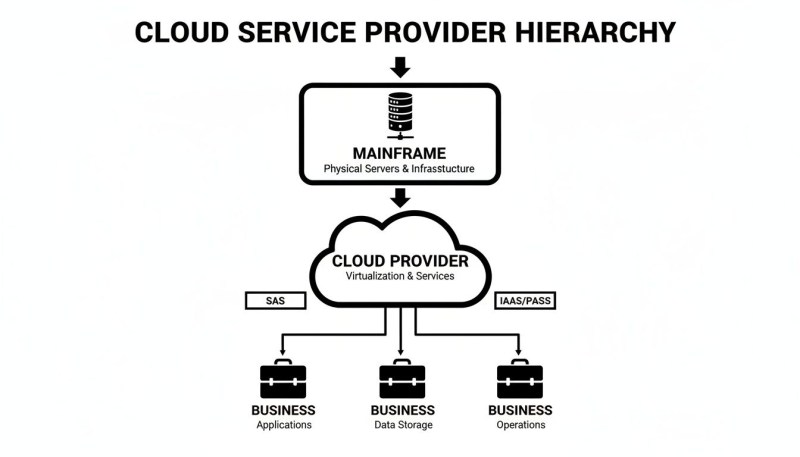 Diagram illustrating the hierarchical structure of cloud service providers, from mainframe infrastructure to business applications.