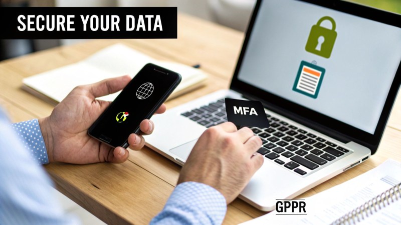 Hands securing data with a laptop and smartphone, featuring MFA and GPPR concepts.