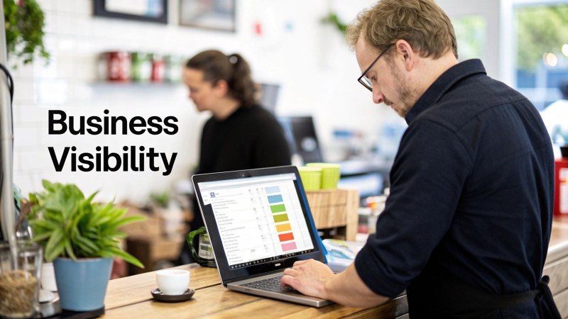 A man wearing glasses intently uses a laptop showing business visibility data at a modern counter.