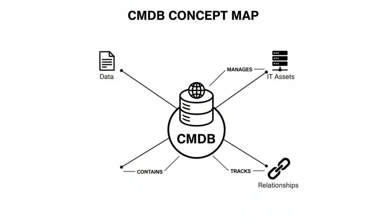 A CMDB concept map illustrating its management of IT assets, data, and tracking relationships.