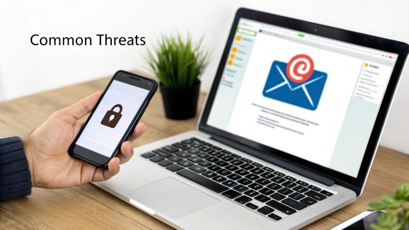 A hand holds a smartphone with a padlock icon near a laptop showing an email, symbolizing common digital security threats.
