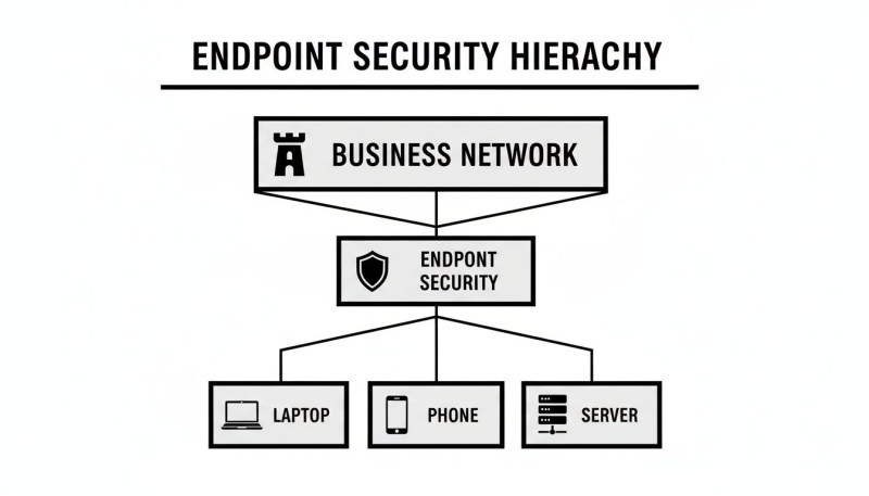 Diagram illustrating endpoint security hierarchy: Business Network at top, Endpoint Security protecting Laptop, Phone, and Server.