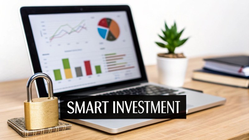 A laptop shows financial charts next to a padlock, with 'SMART INVESTMENT' text overlay.