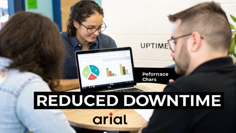Three colleagues reviewing performance charts on a laptop, discussing uptime and reduced downtime in an office.