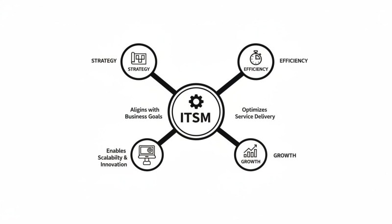 A diagram illustrating the core benefits of IT Service Management (ITSM): strategy, efficiency, growth, scalability, and innovation.
