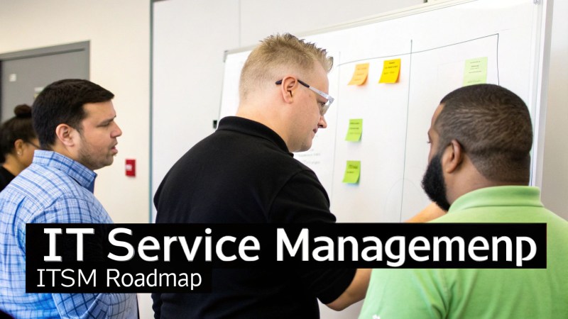 Three men discussing an IT Service Management roadmap displayed on a whiteboard with sticky notes.