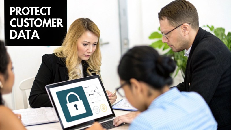 Business professionals collaborate on a laptop displaying a data security lock and graphs, emphasizing customer data protection.