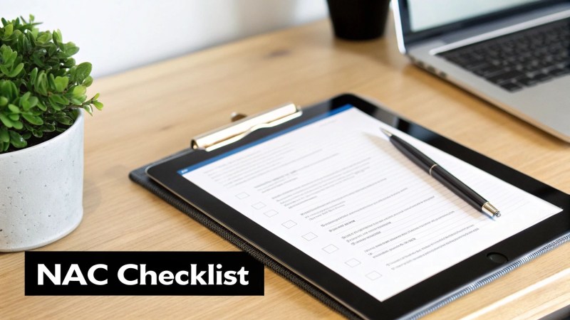 A tablet displaying a NAC checklist with a pen, plant, and laptop on a wooden desk.