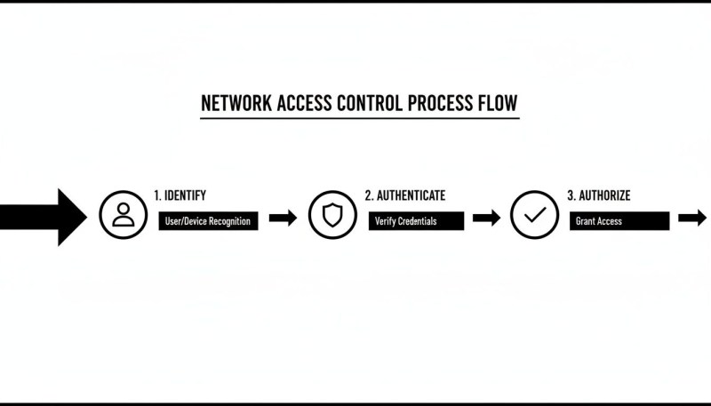 A flowchart detailing the Network Access Control process: Identify, Authenticate, and Authorize steps.