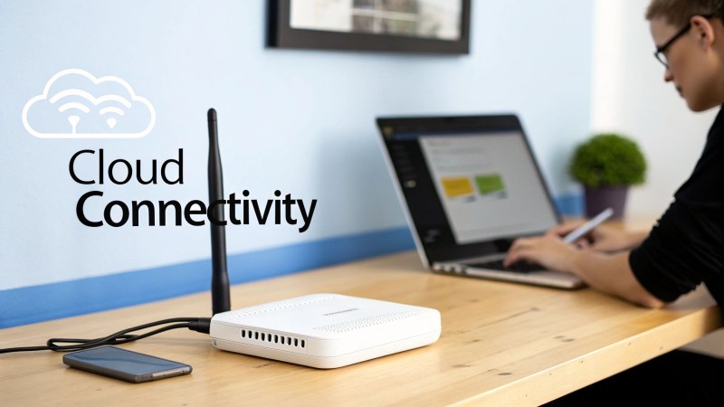 A white router, smartphone, and laptop on a wooden desk with a person working and 'Cloud Connectivity' text.